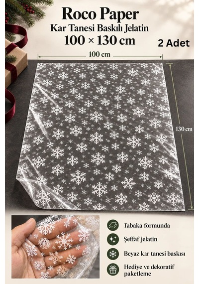 Yılbaşı Kar Tanesi Baskılı Şeffaf Jelatin, 2li Paket, 100x130 Cm, Yeniyıl Hediye Paketleme Jelatini