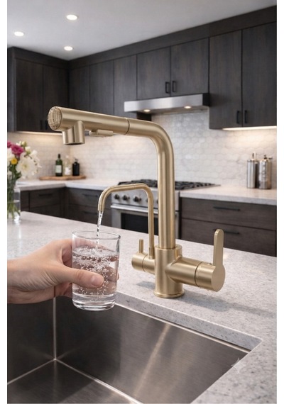 Rena Design Mat Gold Aritmali Spiralli 2 Modlu Başlik L Boru Mutfak Evye Bataryasi Altin Prinç Armatür Musluk