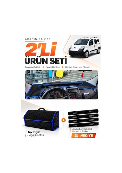 E-biz Peugeot Bipper 2007-2020 Uyumlu Torpido Örtüsü + Tay Tüyü Bagaj Çantası - Siyah-mavi - Pe020