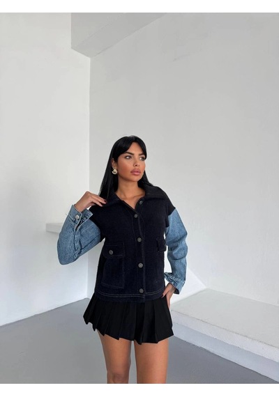 Konus Femme Denim Kol Detaylı Kontrast Ceket Güçlü Stil, Net Duruş - Siyah