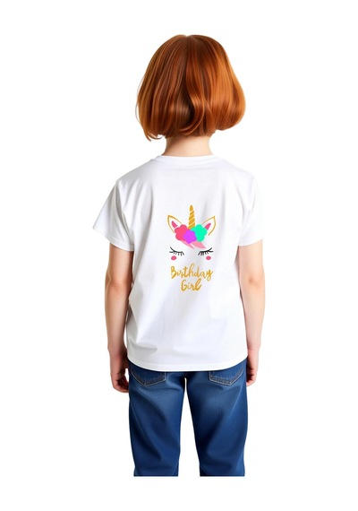 Paybuy Kadın Çocuk Unicorn Doğum Günü Baskılı Kısa Kollu Rahat Kesim Pam beyaz