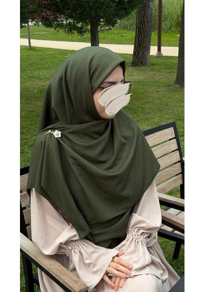 Qalortex Scarf Premium Jakarlı Hüma Büyük Boy Eşarp -haki