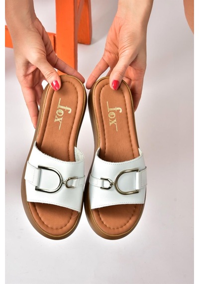 Fox Shoes Beyaz Hakiki Deri Yüksek Tabanlı Günlük Kadın Terlik P291049403