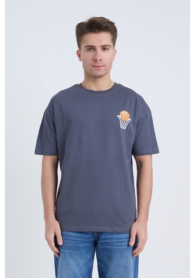 Velvoria Unisex Oversize Relaxed Basketball Baskılı Antrasit Renk T-shirt