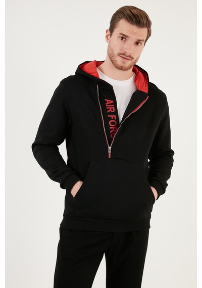 Buratti Kanguru Cepli Fermuarlı Kapüşon Yaka Slim Fit Erkek Sweat 575707 Siyah-Kırmızı