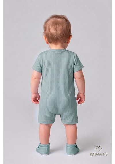 Babyden's Tavşan Baskılı Şortlu Erkek Bebek Tulum %100 Pamuk Yazlık Kısa Kollu Çıtçıtlı Yenidoğan Bebek Tulumu 0-9 Ay Açık Haki