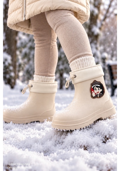 Muggo Kitty İçi Kürklü Lastikli Unisex Çocuk Günlük Yağmur Ve Kar Çizmesi Bej