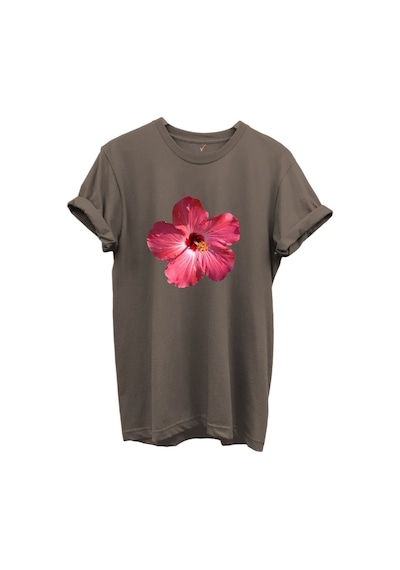 Pembe Tropik Hibiskus Çiçekli Kadın %100 Pamuk Regular Fit Bisiklet Yaka T-shirt Kahverengi