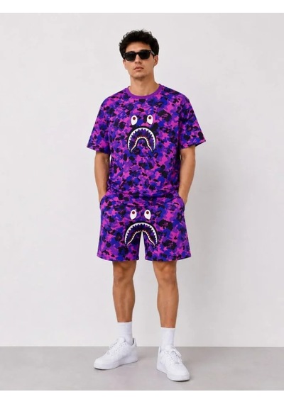 Efnaz Style Erkek Oversize Kalıp Pubg Bape X Shark Nakışlı Cepli Şort Takım - Mor