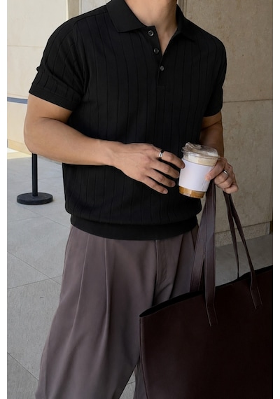 Tarz Cool Erkek Çizgili Triko Polo Yaka Tişört Slim Fit Premium Pamuklu Yazlık Polo Siyah