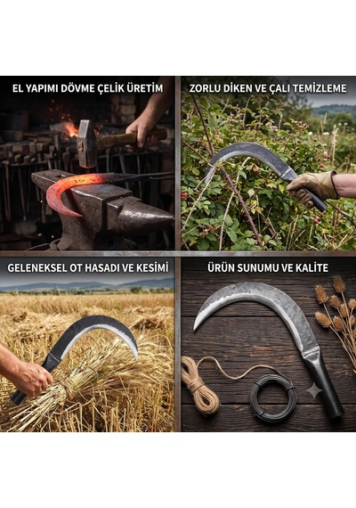 Geleneksel El Yapımı Dövme Çelik Diken Orağı - Ot, Çalı Ve Yabani Ot Temizleme İçin Çok Amaçlı Bahçe Orağı Sapsız