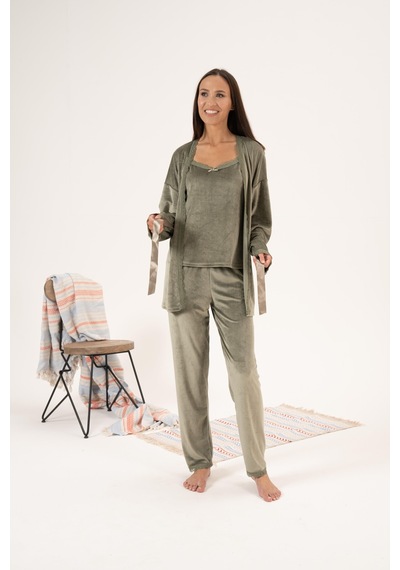 Estiva Kadın Kışlık 3 Parça Sabahlıklı Kadife Pijama Takımı 001