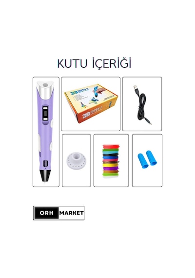 Mor 3D Kalem 3D Pen Yazıcı Kalem – 20 Adet 5 Metrelik PLA Filament (Toplam 100M) + USB Kablo