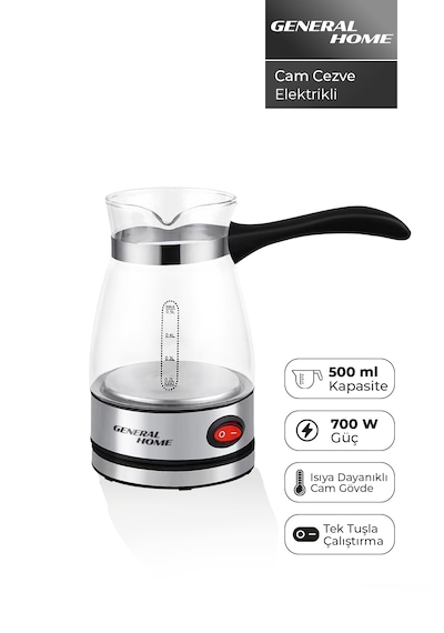 General Home Cz-47 Elektrikli Cam Cezve Siyah 0.5 L Türk Kahvesi, 700w, Gösterge Işıklı