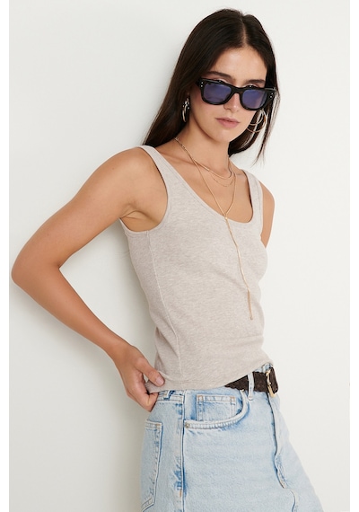 AC&Co / Altınyıldız Classics Kadın Bej Melanj Pamuklu Kaşkorse Yumuşak Dokulu Slim Fit Dar Kesim Bisiklet Yaka Esnek Body