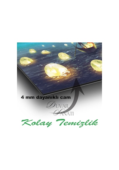 Ay Toplayıcı, Kayık Ve Deniz Manzarası Cam Tablo Evlika, Hediyelik, Ev Ofis Salon Büyük Duvar Dekoru