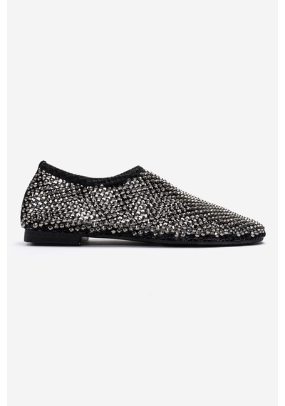 Luvishoes Urela Siyah Örgü Taşlı Hakiki Deri Kadın Babet Ayakkabı
