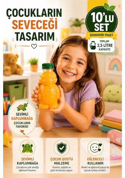 10'lu Set Şeffaf Kaplumbağa Şişe Yeşil Kapaklı Pet İçecek Şişesi Çocuk Beslenme Matarası 250 Ml