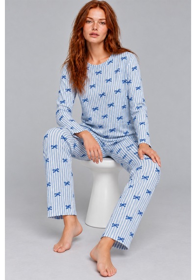 Kadın Desenli İkili Mavi Rahat Pijama Takımı 4815