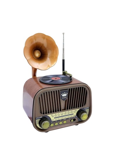 Nostaljik Gramofon Görünümlü Md-1319bt Fm Radyo Retro Ahşap Bluetooth Hoparlör