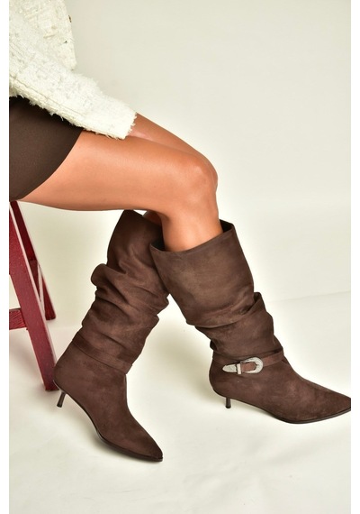 Fox Shoes Z726105702 Kahverengi Süet İnce Topuklu Büzgülü Kadın Çizme