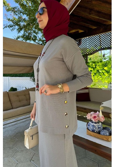 Rabia Şamlı Sezen Triko Takım Gri Çok Renkli
