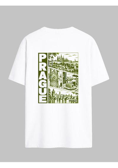 Black Nova Oversize Baskılı Unisex Tişört Prague Stamp Beyaz