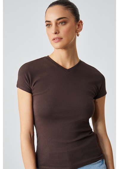 Ethıquet Marta Kadın V Yaka Kısa Kol Slim Kahverengi T-shirt