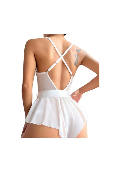 Avastyle Herşeytrend Beyaz Dantel İşlemeli Kurdelalı Fantezi Tül Babydoll Beyaz