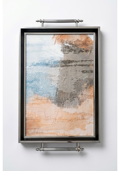 Kulplu Lüks Cam Sunum Tepsisi Siyah Gümüş Tepsi 50x31x4 Cm Çok Renkli