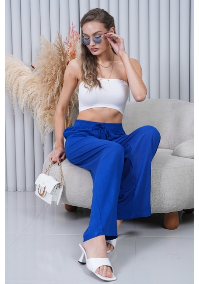 Polologin Butik Beli Bağcıklı Yüksek Bel Bol Paça Koyu Mavi Pantolon Lacivert