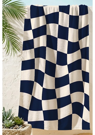 Damalı Dalgalı Modern Plaj Havlusu - Lacivert Ekru Minimalist Hızlı Kuruyan Mikrofiber Havlu Sedef Melisa
