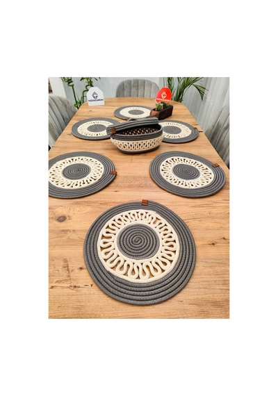 Jüt, Hasır, Dekoratif Yemek Masa Takımı, Subla Takımı, Amerikan Servis,6'subla 1'sepet 7'li Antrasit Krem Antrasit Krem