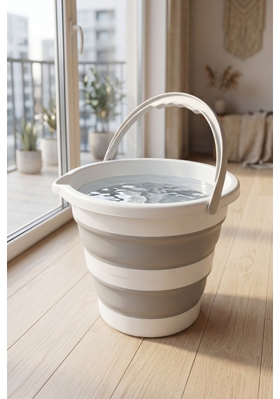 Katlanır Silikon Kova 12 Litre Yer Kaplamayan Çok Amaçlı Pratik Temizlik Kamp Bahçe Kovası Açık Gri