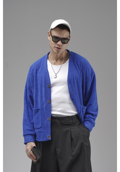 King-Brich Logo Detaylı Oversize Kalıp Erkek Hırka Saks