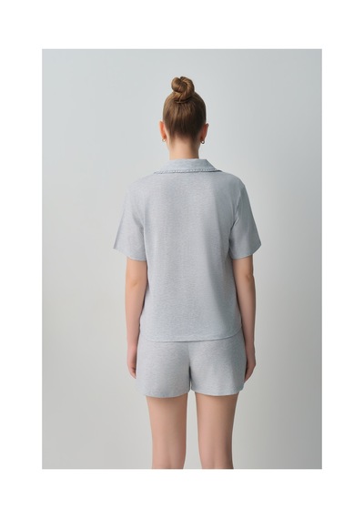 Suwen Casual Gömlek Yaka Pamuklu Şort Pijama Takımı Wsh10910003051 Gri Melanj