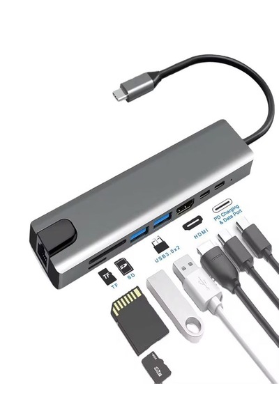 8in1 Aluminium Pd100w Hızlı Şarj 4k 1xethernet 1xhdm 2xusb 2xtype-c Tf/sd Usb Çoklayıcı Çevirici