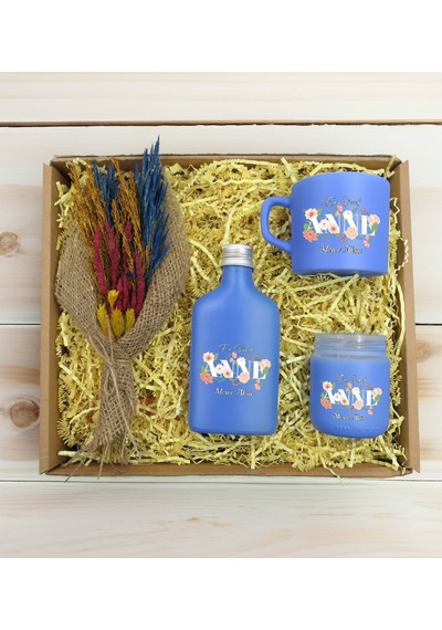 Bk Gift Kişiye Özel İsimli Dtf Anne Temalı Mavi Kahve Fincanı & Kolonya & Mum & El Yapımı Kuru Çiçek Buketi Hediye Seti-4, Anneye Hediye, Anneler Günü