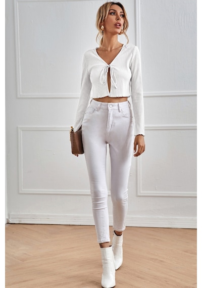 Fantezia Night Kadın Beyaz Uzun Kollu Önden Bağlama Detaylı Crop Top Bluz