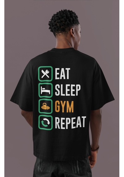 Eat Sleep Gym Repeat Bodybuilding Sırt Baskılı Unisex Oversize Fi Siyah
