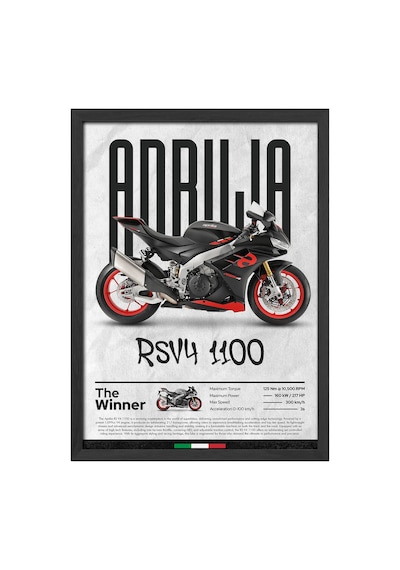 Aprilia Rs V4 1100 Siyah Ahşap Çerçeveli Poster, Dekoratif Motosiklet Duvar Tablosu Çok Renkli