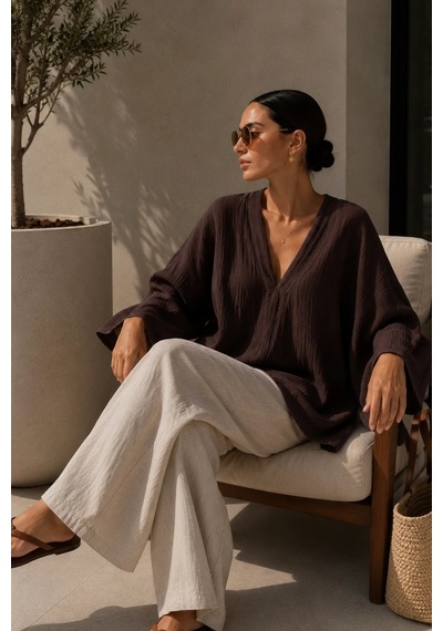 Bbbutikbasic Kadın Müslin Oversize Bluz Salaş Kesim Yazlık Basic Ceket My3535 Kahverengi