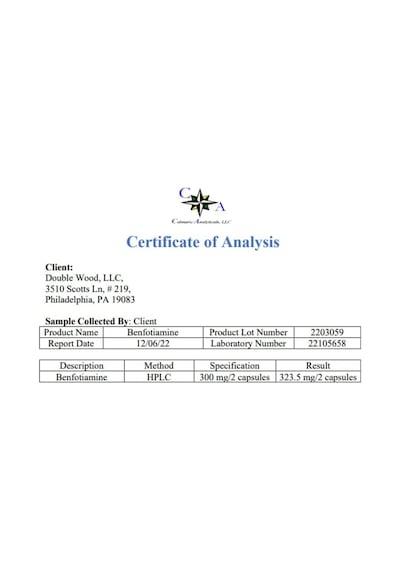 Double Wood Benfotiamine 300mg Third Party Tested, 120 Capsu...