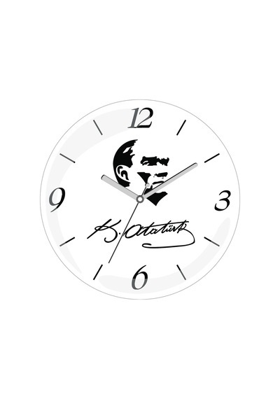 Atatürk İmza Beyaz Zemin Çap 30cm Sessiz Akar Bombeli Gerçek Cam Duvar Saati Beyaz - Siyah