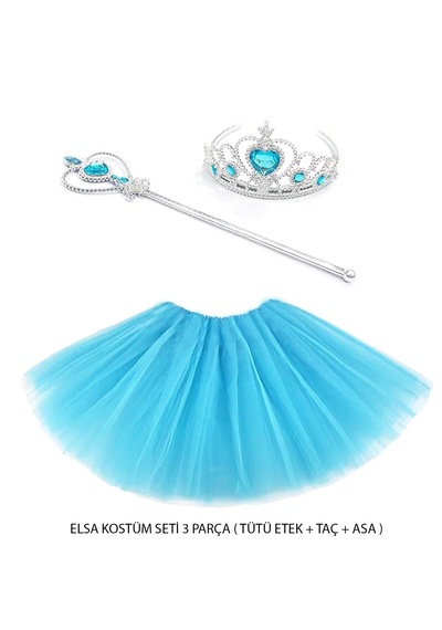 Mavi Prenses Elsa Kostüm Seti 3 Parça Tütü Etek + Taç + Asa 2