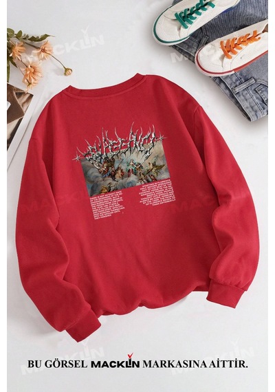 Macklin Unisex Kadın Erkek There İs Not Angel Özel Tasarım Baskılı Bisiklet Yaka Sweatshirt Kırmızı Mck1407 Kırmızı