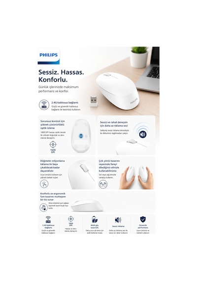 Philips SPK7307WL/00 Kablosuz Optik Mouse 2.4GH 1600 DPI Sessiz Tıklama Ergonomik Beyaz