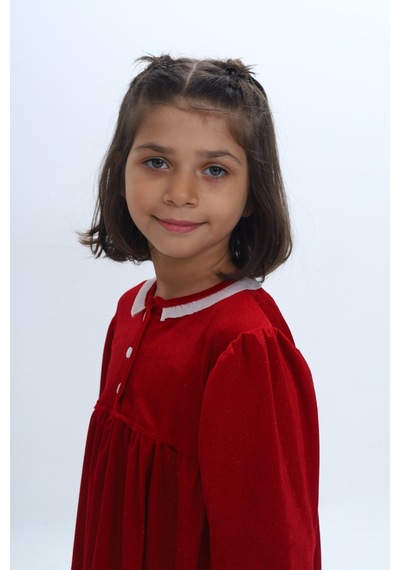 Toontoy Kids Toontoy Kız Çocuk Yaka Düğmeli Fırfırlı Elbise Kırmızı