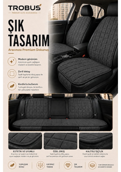 Opel Astra 2000-2004 Üniversal Soft Alkantra Kare Desen 7 Parça Oto Koltuk Minderi Antrasit