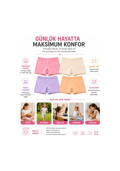 Westicgiyim Kız Çocuk Pamuklu Boxer 4 Lü Paket Esnek Rahat Şort Külot 3-4 Yaş 13-14 Yaş Çok Renkli
